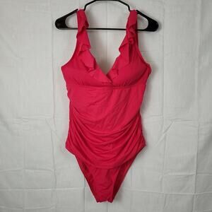 Chaps Womens Pink Ruffle Neck One Piece Bodysuit With Underwired Bra Size‎ 18
